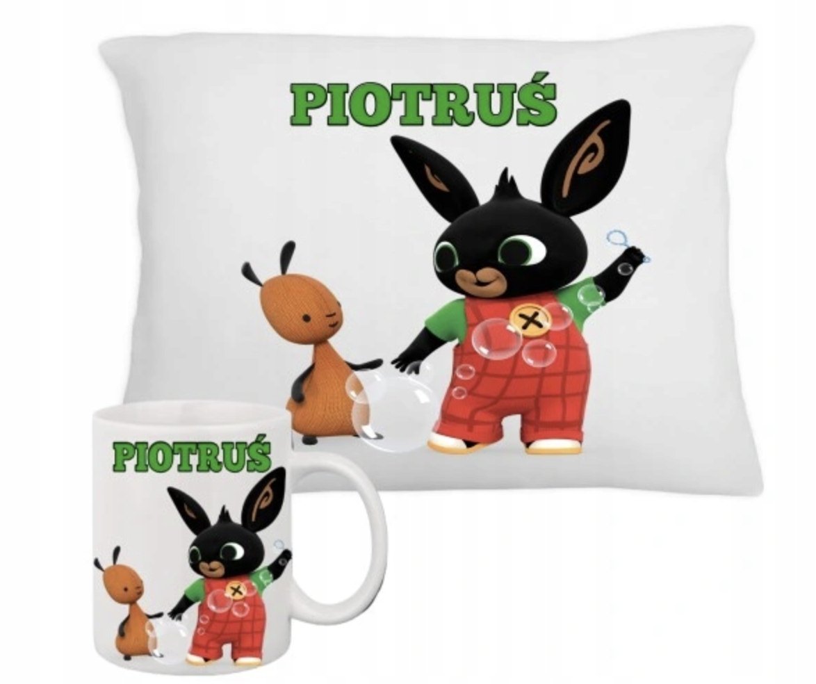 ZESTAW PODUSZKA + KUBEK Prezent KRÓLIK BING KRÓLICZEK BAJKA + IMIĘ 24