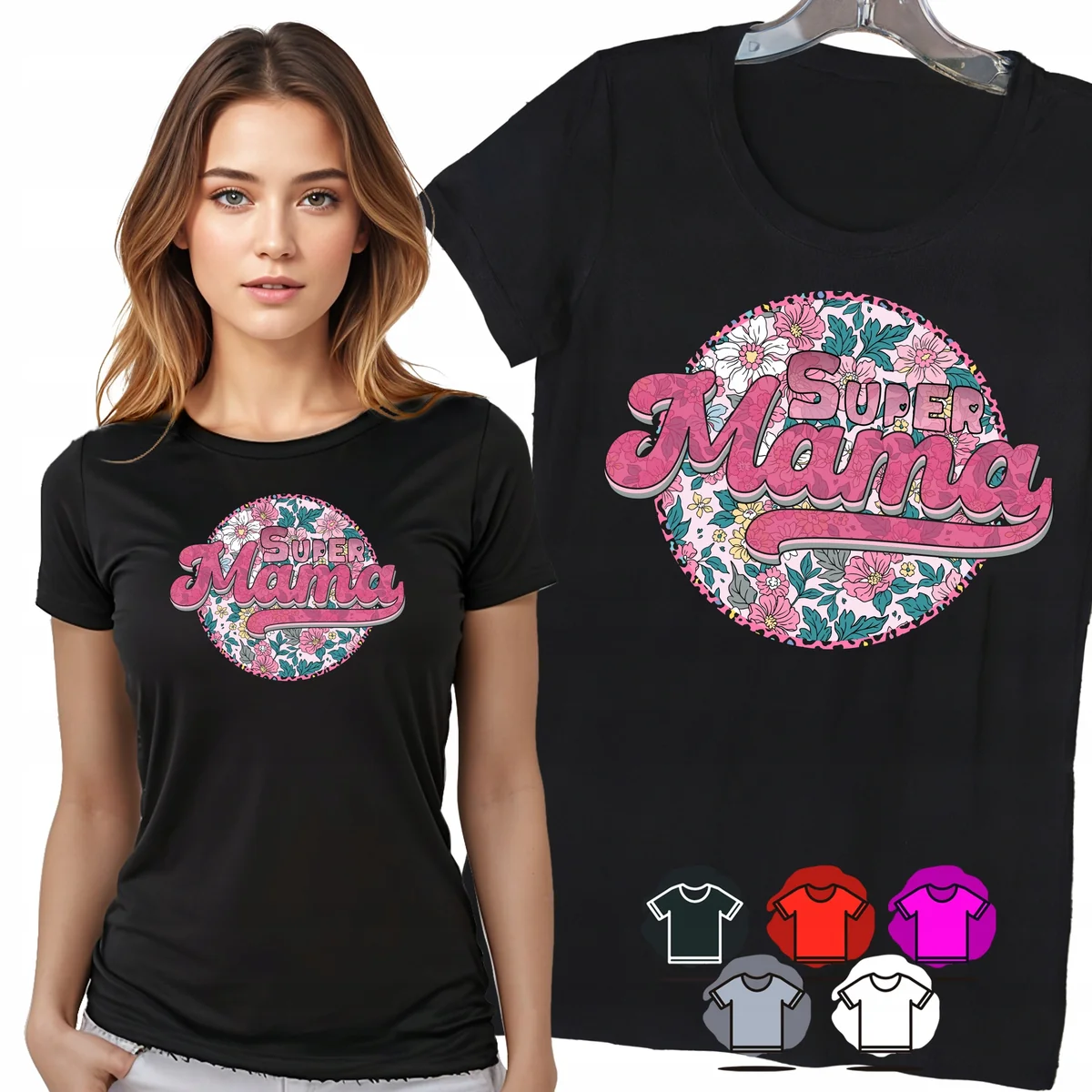 KOSZULKA DAMSKA T-SHIRT - SUPER MAMA KWIATOWE KOŁO RÓŻOWY WZÓR PREZENT - XL