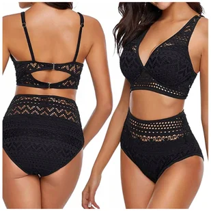 STRÓJ KĄPIELOWY BIKINI WYSOKI STAN CZARNY AŻUROWY KORONKA KOSTIUM BIKINI S - Stroje kąpielowe - miniaturka - grafika 1