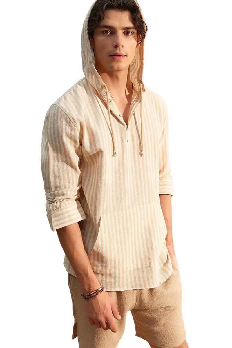 TRENDYOL MAN KOSZULA MĘSKA BEŻOWA W PASKI Z KAPTUREM DŁUGI RĘKAW XXL 5DA