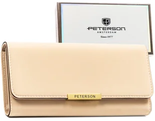 Klasyczny poziomy duży portfel damski na zatrzask PETERSON beżowy elegancki na prezent pojemny karty gotówka dokumenty pudełko producenta ochrona RF.. - Portfele - miniaturka - grafika 1