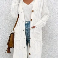 Swetry damskie - TEMU Elegancki damski długi kardigan z nylonu - miękki, ciepły i stylowy sweter z dekoltem w serek i guzikami, idealny na jesień/zimę, beżowy, z - miniaturka - grafika 1