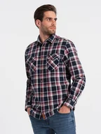 Koszule męskie - Męska koszula flanelowa z zapinanymi kieszeniami - czerwono-granatowa OM-SHCS-0137 - Ombre Clothing - miniaturka - grafika 1