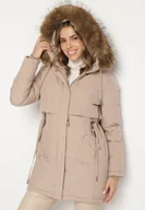 Kurtki damskie - Beżowa Casualowa Kurtka Parka z Kapturem z Futerkiem Nallorea - miniaturka - grafika 1