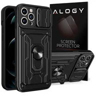 Etui i futerały do telefonów - Etui pancerne Alogy Camshield Stand Ring Wallet z osłonką na aparat i miejscem na karty do Apple iPhone 14 Pro Max Czarne + Szkło - miniaturka - grafika 1