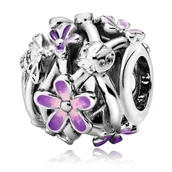 Wisiorki - Zawieszka Charms SREBRO 925 Koralik Fioletowe Kwiatki Stokrotki i Biedronki - miniaturka - grafika 1