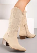 Botki damskie - Beżowe Botki Kowbojki na Słupku z Ozdobnymi Przeszyciami Starlina - miniaturka - grafika 1