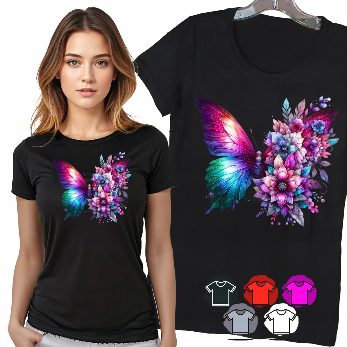 KOSZULKA DAMSKA T-SHIRT - MOTYL TĘCZOWY BUKIET KWIATÓW WZÓR DLA NIEJ - S