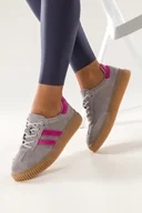 Półbuty damskie - Szare sneakersy skórzane damskie buty sportowe na beżowej platformie fuksjowe wstawki sznurowane Carla TW-CU-800 - miniaturka - grafika 1
