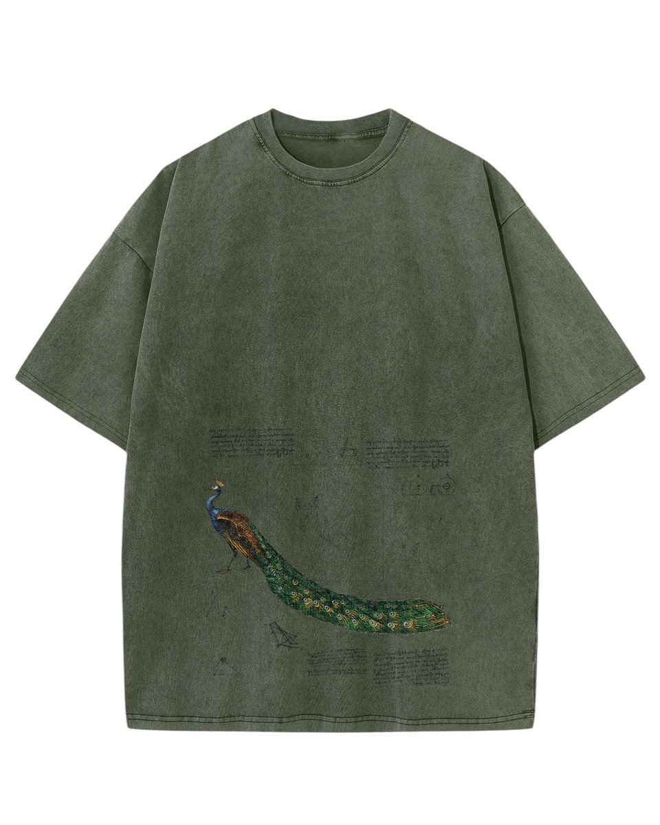 Męska koszulka oversize efekt sprania Piękny Paw Zwierzęta Khaki M