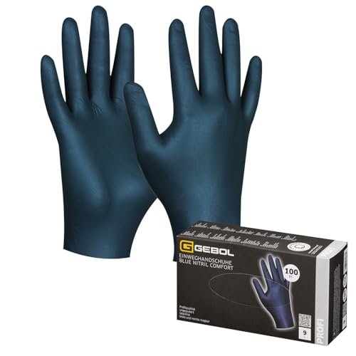 Gebol Blue Nitril Comfort 100 sztuk rękawiczek jednorazowych, rozmiar M (rozm. 8), wysokiej jakości, bardzo cienkie, wodoodporne rękawice chroniące przed chemikaliami, wysoka wytrzymałość na