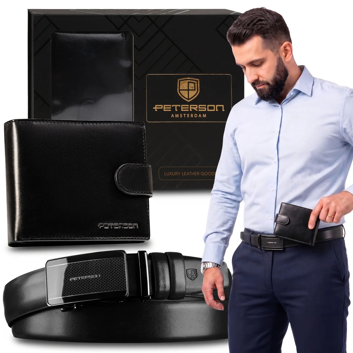 Peterson ZESTAW PREZENTOWY: Skórzany Portfel, BEZPIECZNY RFID + pasek męski ZE SKÓRY NATURALNEJ
