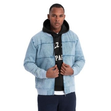 Męska kurtka jeansowa bomberka stone wash błękit Ombre OM-JADJ-0163 V3 L