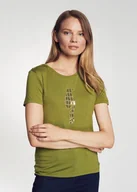 Koszulki i topy damskie - T-shirt damski khaki z aplikacją - miniaturka - grafika 1