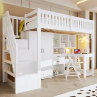 Łóżka dla dzieci i młodzieży - Łóżko piętrowe 90 x 200 cm z szafą, biurkiem i 3 szufladami - Drewno sosnowe + MDF + sklejka - Białe (Materac nie jest wliczony w cenę) - miniaturka - grafika 1