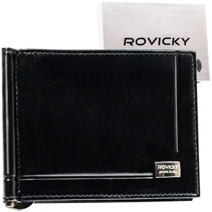 Skórzany czarny poziomy portfel męski na banknoty etui na karty dokumenty ROVICKY banknotówka bez zapięcia ultra slim klips na banknoty ochrona RFID.. - Portfele - miniaturka - grafika 1