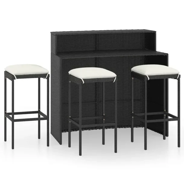 Zestaw mebli barowych czarny rattan PE z kremowymi poduszkami 120x55x110 cm