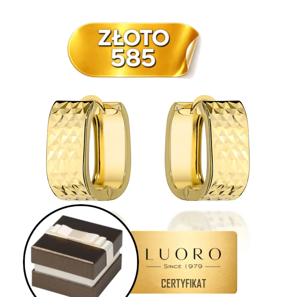 KOLCZYKI ZŁOTE 585 14K PROSTOKĄTNE DIAMENTOWANE SZEROKA SZYNA PREZENT