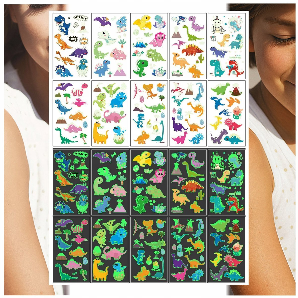 Tatuaże Zmywalne Świecące w Ciemności Dinozaury 10 Wzorów