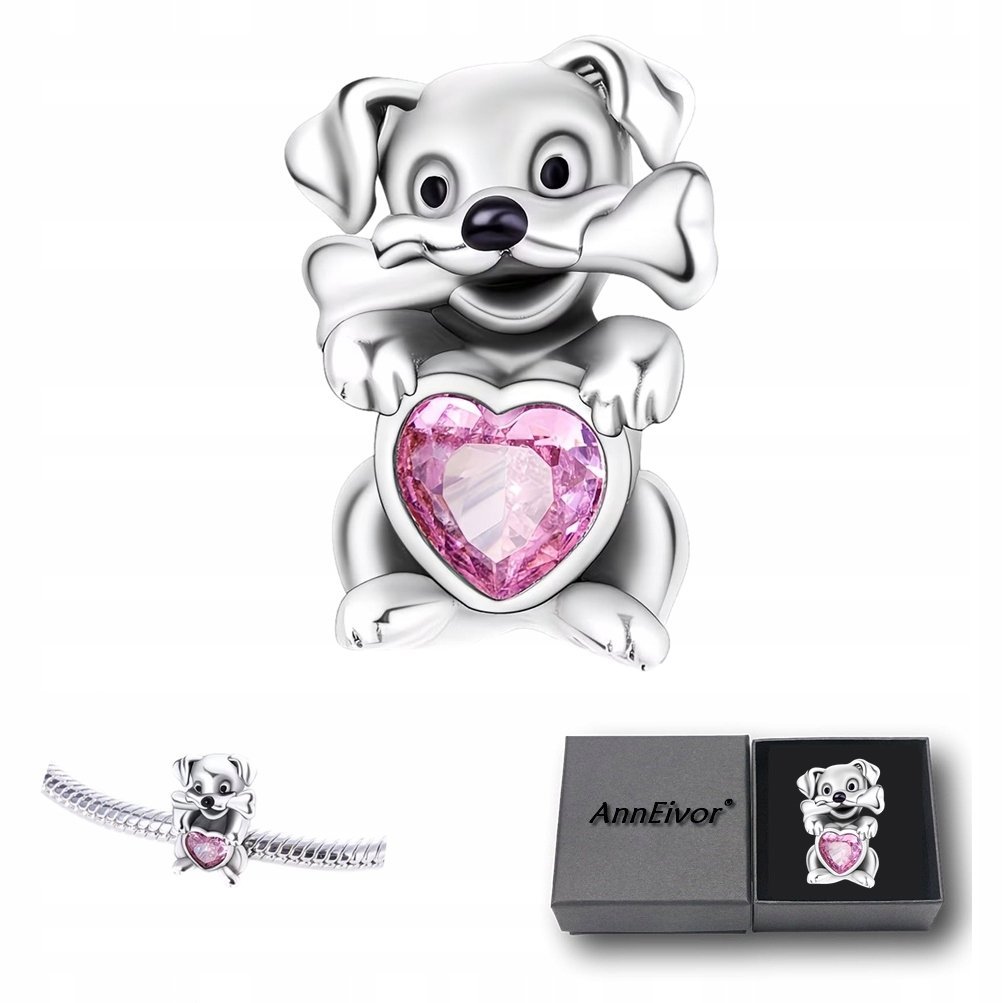 Koralik Modułowy Zawieszka Srebrna S925 Piesek Różowe Serce Miłośnik Psów