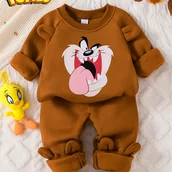 Dresy i komplety dla chłopców - TEMU Series Boys' Jesień i Nowy Zestaw Looney : Wygodny Miękki Okrągły Dekolt Bluza z Nadrukiem „ Kreskówkowy Duży Usta Potwór”, Urocze Dekoracje - miniaturka - grafika 1