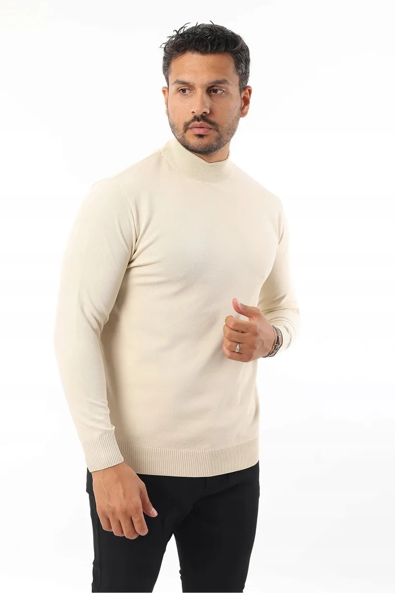 GŁADKI BEŻOWY SWETER MĘSKI Z PÓŁGOLFEM I DŁUGIM RĘKAWEM XL 5IA