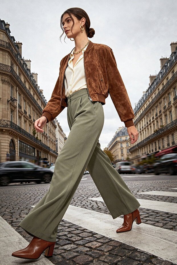 TRENDYOL KHAKI SPODNIE CASUAL Z WYSOKIM STANEM I SZEROKĄ NOGAWKĄ 36 5_A
