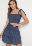 Komplety damskie - Granatowy Komplet Bawełniany Top z Kokardkami i Spódnica z Falbanami Zaliella - miniaturka - grafika 1