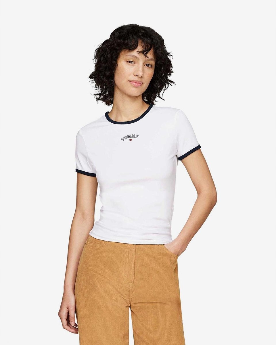 TOMMY JEANS BIAŁY T SHIRT Z CZARNĄ LAMÓWKĄ I NAPISEM L FTA