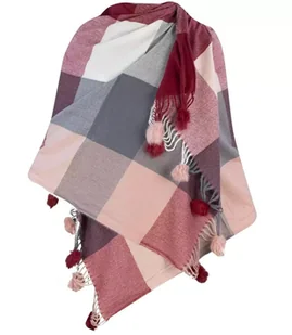 Szal szalik ciepła chusta w kratkę z pomponami - Apaszki i szaliki damskie - miniaturka - grafika 1