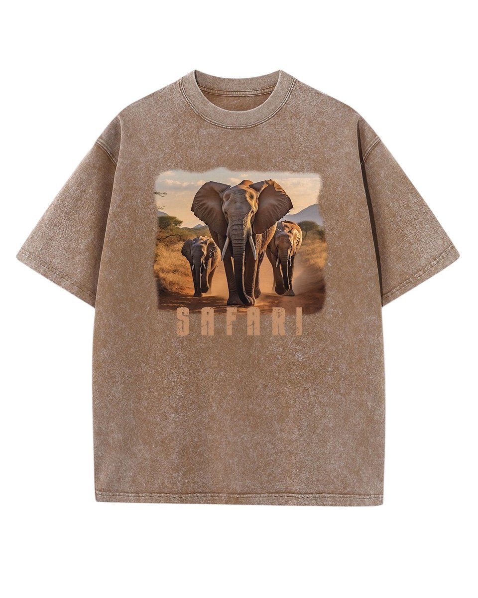 Męska koszulka oversize efekt sprania Słonie Safari Zwierzęta Brązowa XL