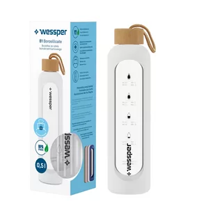 Wessper B1 Borosilicate 500 ml Szklana butelka na wodę z miarką motywacyjną z białym etui - Butelki filtrujące - miniaturka - grafika 1