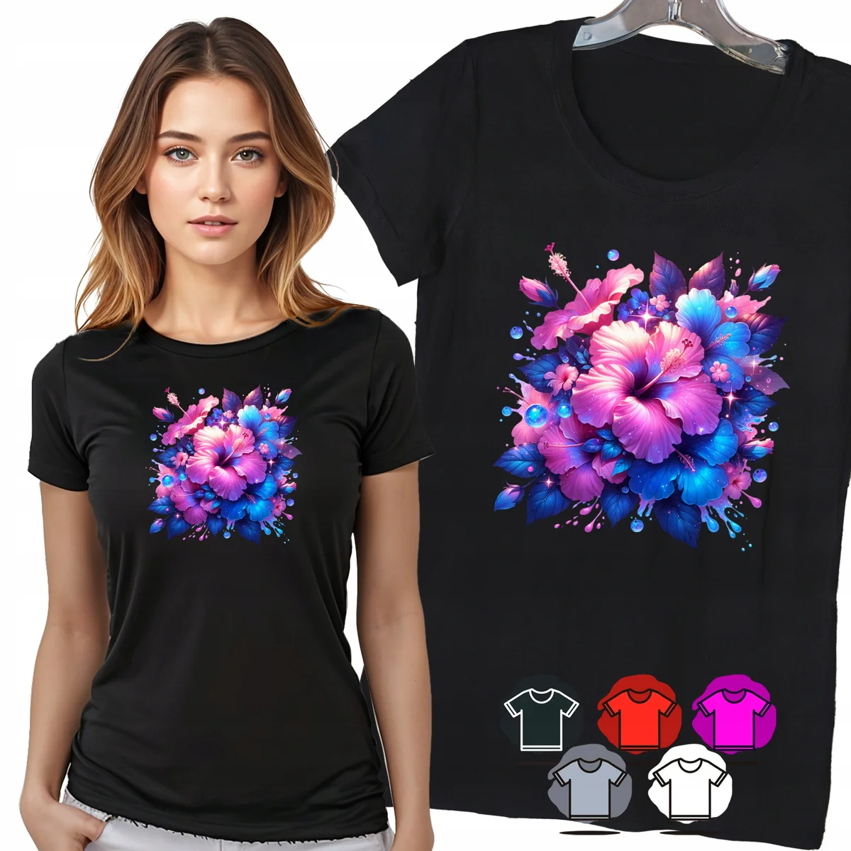 KOSZULKA DAMSKA T-SHIRT - BUKIET FIOLETOWYCH KWIATÓW DAMSKI WZÓR MODNY - 3X