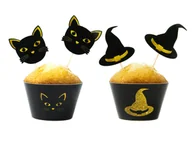 Halloween - Zestaw dekoracji na babeczki Czarownica i kot - 12 szt. - miniaturka - grafika 1