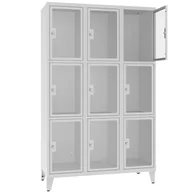 Szafki BHP - Szafka na nogach MSUS 433 z 9 skrytkami zamykanymi na klucz drzwiczki pleksi - miniaturka - grafika 1