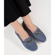 Mokasyny damskie - Goodin Skórzane niebieskie mokasyny z łańcuchem na platformie - miniaturka - grafika 1