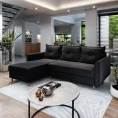 Pościel - Masseno Narożnik PISAN R-S z funkcją spania i pojemnikiem na pościel Kształt L, Rozkładana sofa, Rogówka - Czarny, KRONOS 07 - miniaturka - grafika 1