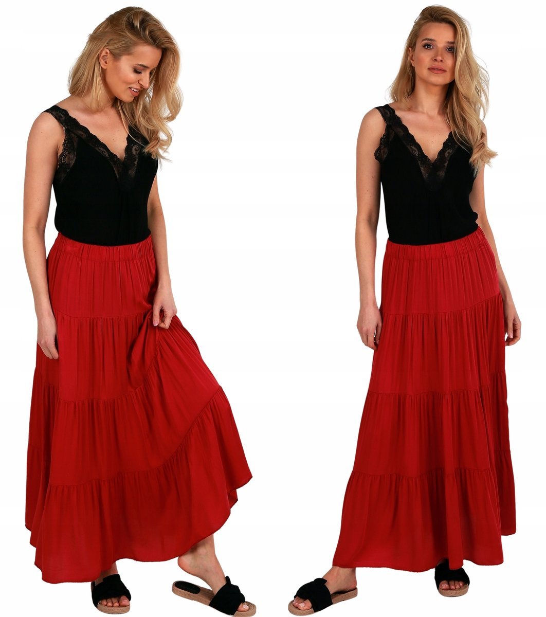 Boho spódnica długa z falbanami BORDO