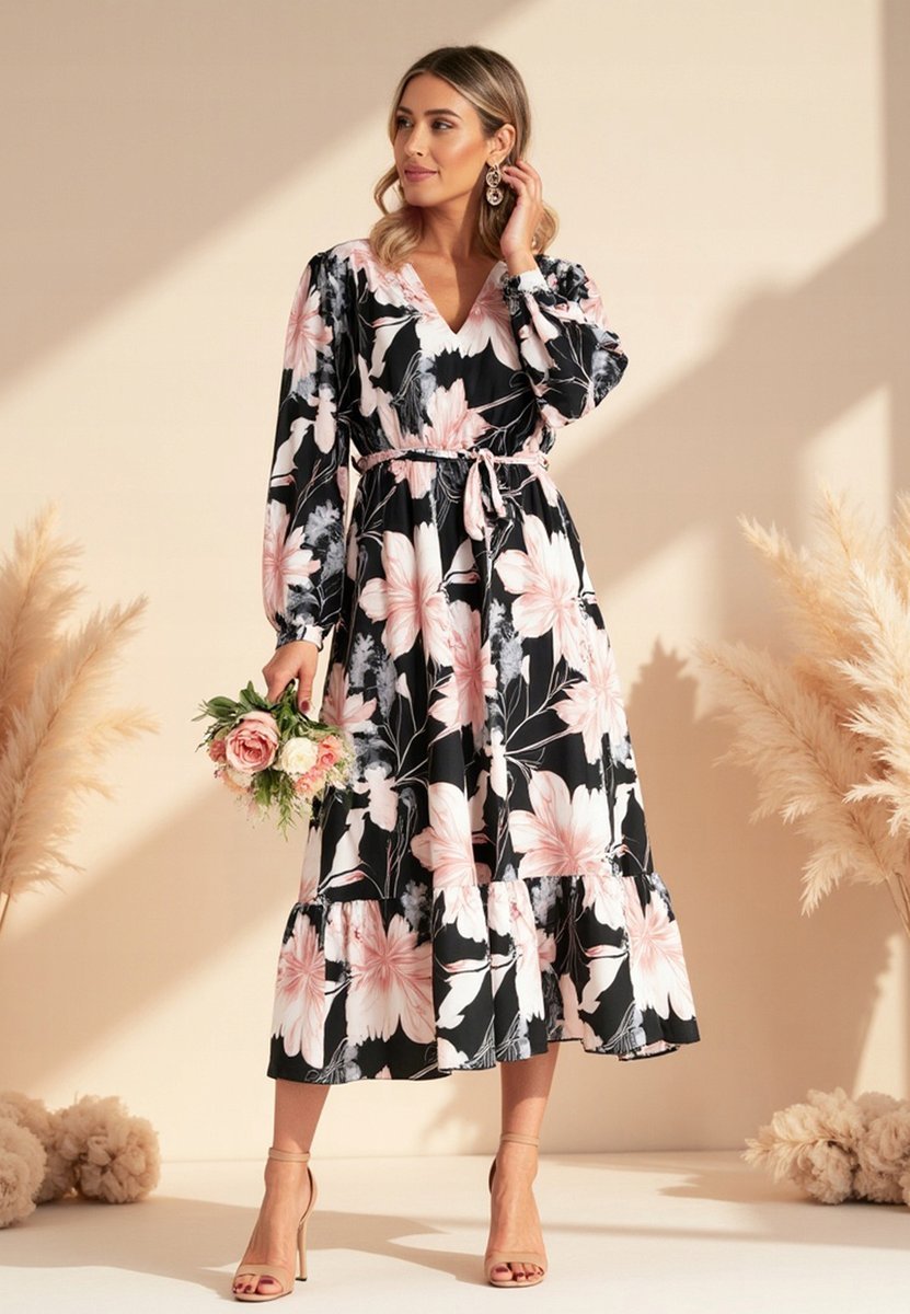 Sukienka w kwiaty Sukienka wiązana w pasie Czarny M1140 r. S/M