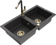 Zlewozmywaki z baterią - Mexen Mario zlewozmywak granitowy 2-komorowy z baterią kuchenną Flora, czarny nakrapiany - 6504-76-670401-57-G - miniaturka - grafika 1