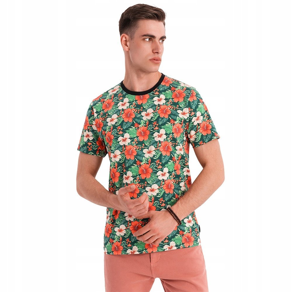 Męski t-shirt bawełniany kwiatowy wzór czarny Ombre OM-TSFP-0249 V2 r. L