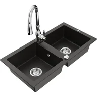 Zlewozmywaki z baterią - Mexen Mario zlewozmywak granitowy 2-komorowy z baterią kuchenną Savita, czarny/złoty metalik - miniaturka - grafika 1