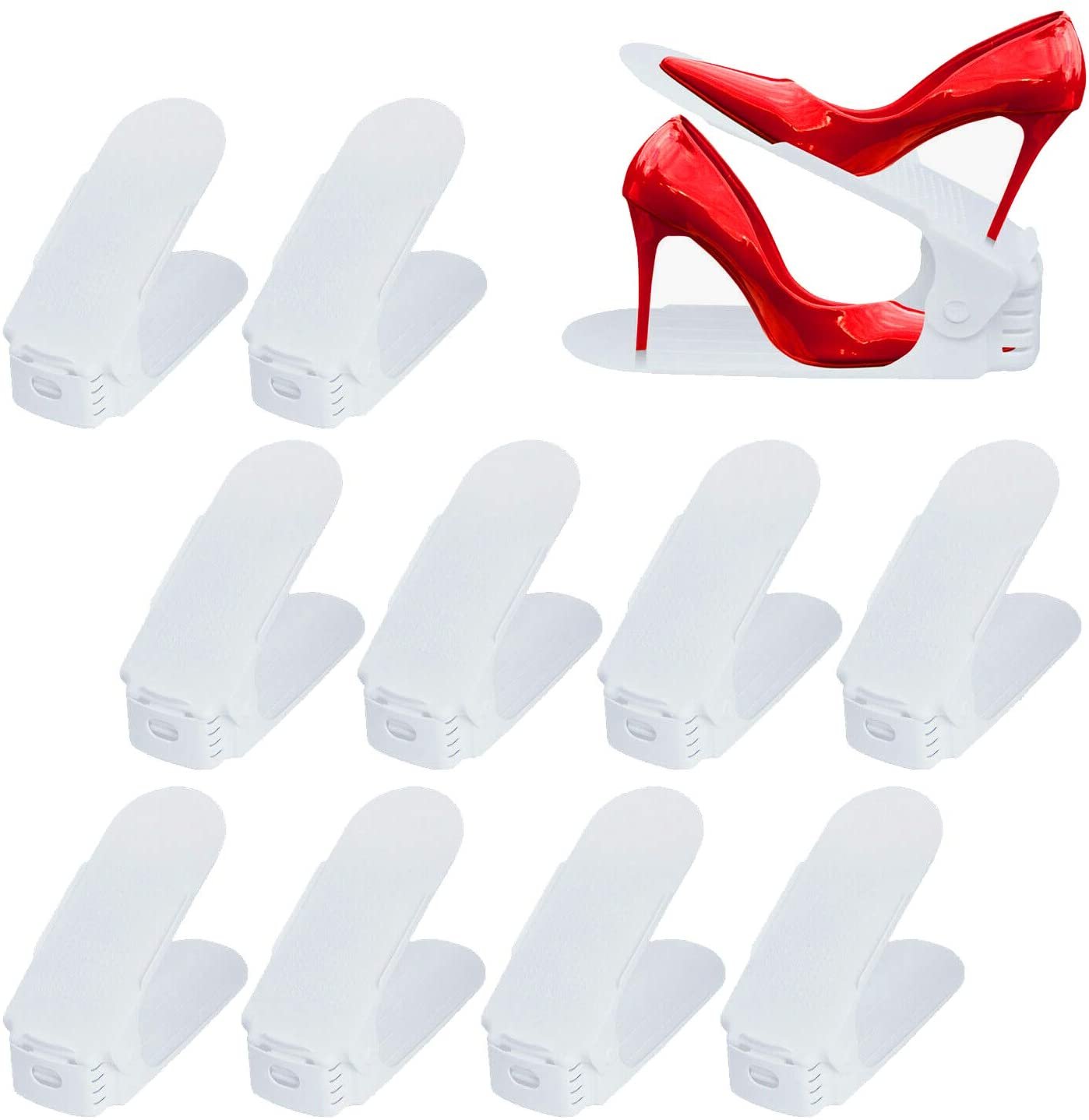 NAIZY 10 sztuk Białe regulowane stojaki na buty antypoślizgowe Stojak na buty 3 Regulowana wysokość Zestaw dwuwarstwowych stojaków na buty PP Oszczędność miejsca do przechowywania butów