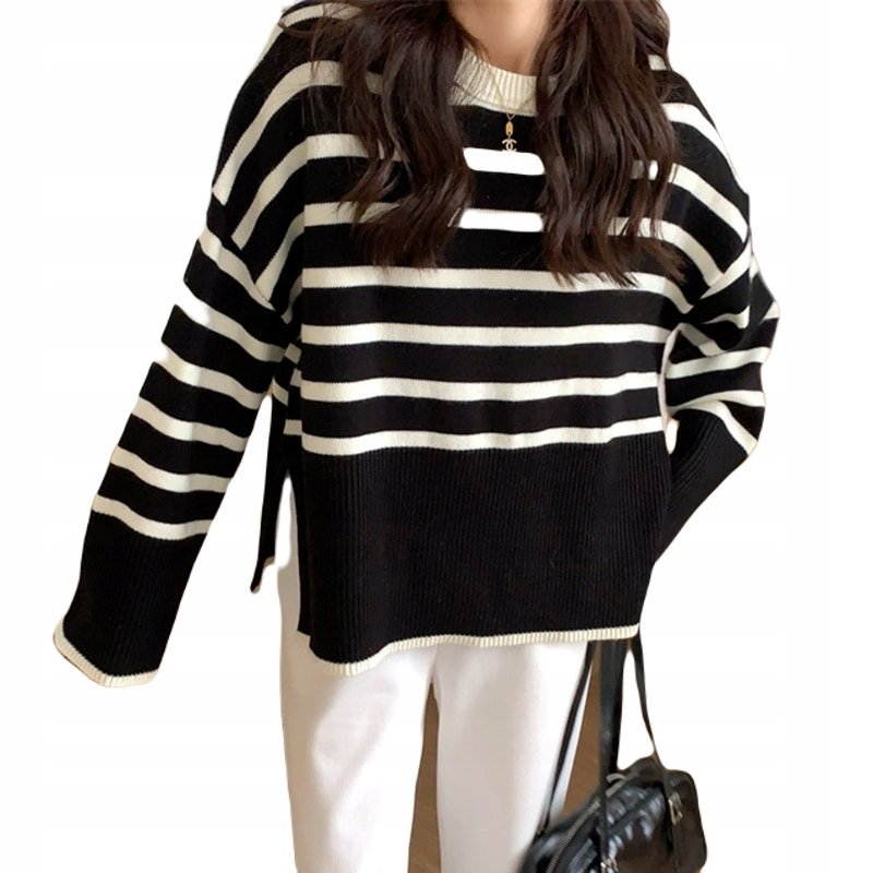 SWETER DAMSKI W PASKI OVER SIZE CIEPŁY CZARNY