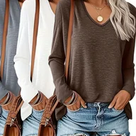 Bluzki damskie - TEMU 3 szt. Damska Bluza z Dekoltem w Serek, Długi Rękaw, Luźny Krój na Wiosnę, Jesień i Zimę – Jednokolorowa - miniaturka - grafika 1