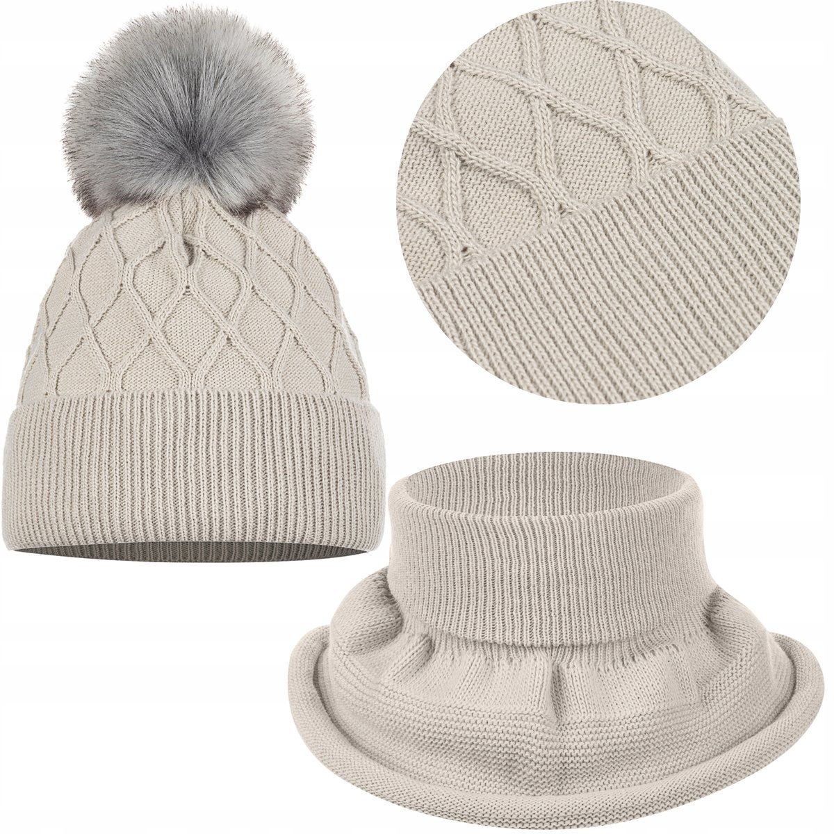 Komplet Dziecięcy Zimowy Ciepły Polar Jesień Czapka Komin 42/48 Beżowy Beż