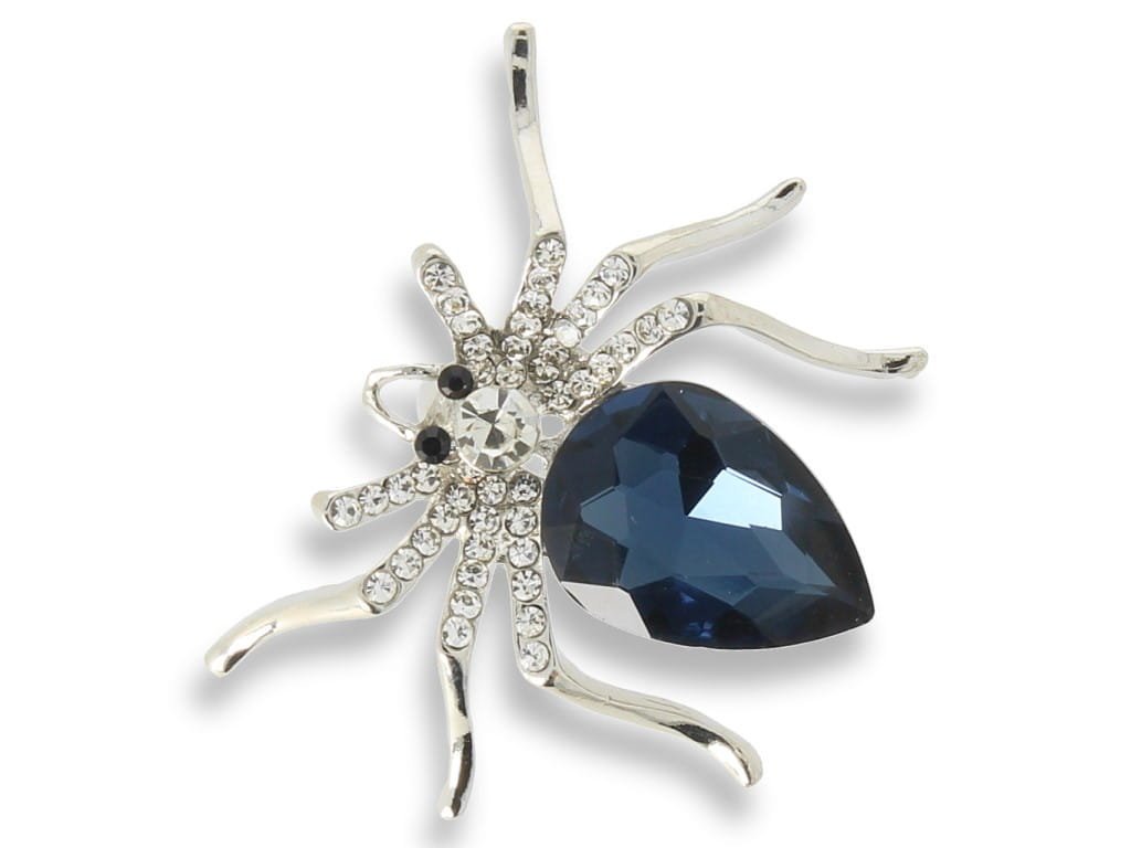 Broszka Damska Srebrny Pająk Z Granatowym Kamieniem I Cyrkoniami
