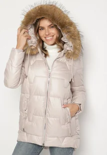 Beżowa Pikowana Kurtka z Kapturem z Odpinanym Futerkiem Galiara - Kurtki damskie - miniaturka - grafika 1