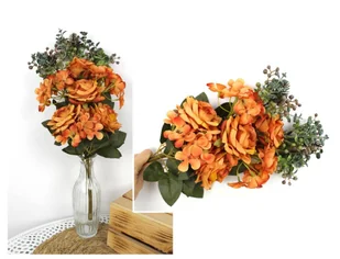 BUKIET POMARAŃCZOWYCH RÓŻ I HORTENSJI, 47 CM, WT-157A - Sztuczne kwiaty - miniaturka - grafika 1