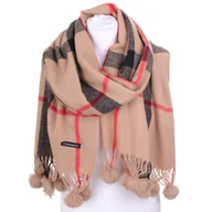Moda i Uroda OUTLET - Szal Burbery Bobble Z Pomponami W Kratkę, Beżowy/Czarny/Czerwony - miniaturka - grafika 1